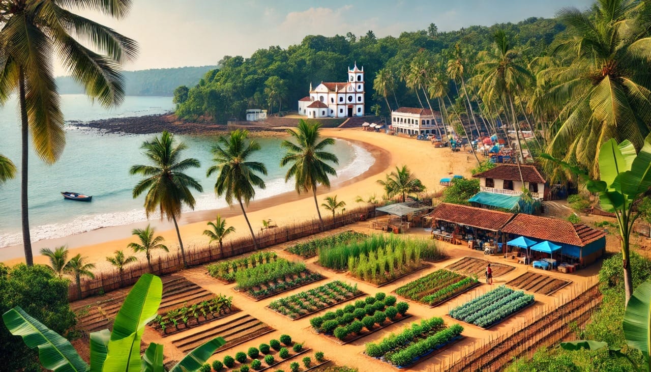 Realistic view of Goa's hidden gems featuring Portuguese-style white-washed churches, golden sandy beaches, turquoise waves, and lush greenery with traditional fishing boats and palm trees.