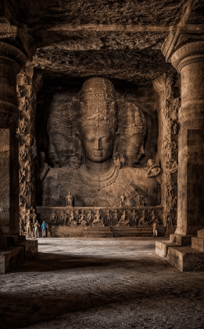 Trimurti sculpture inside Elephanta Caves Mumbai during a cultural shore excursion