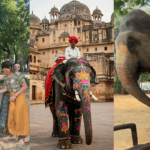 Visitors feeding and spending time with painted elephants at a heritage tourism site in India.