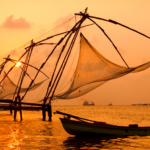 Chinese fishing nets at sunset in Kochi Kerala waterfront