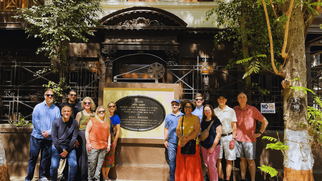 Tour group visiting Mani Bhavan Gandhi Museum during a Mumbai guided sightseeing tour