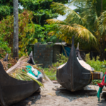 Traditional Kerala wooden fishing boats in Fort Kochi coastal village