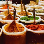 Traditional spice market in Goa with colorful Indian spices and masalas