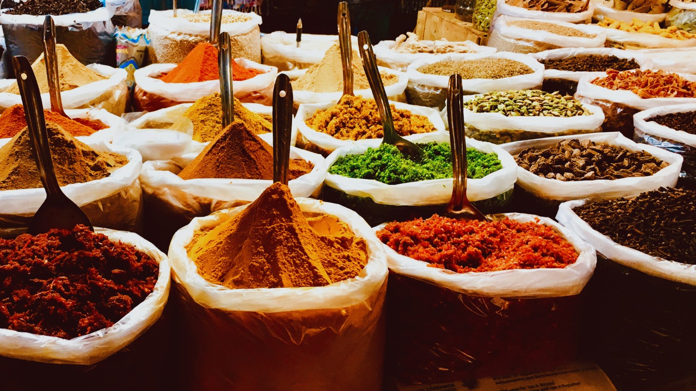 Traditional spice market in Goa with colorful Indian spices and masalas