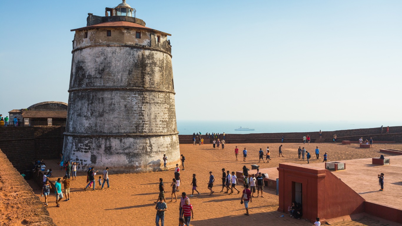 Aguada Fort lighthouse with tourists overlooking Arabian Sea Goa